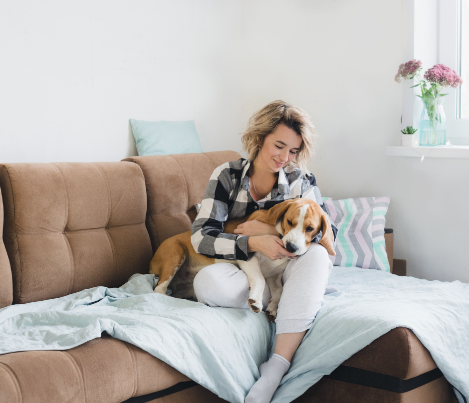 female carrying her dog on the sofa