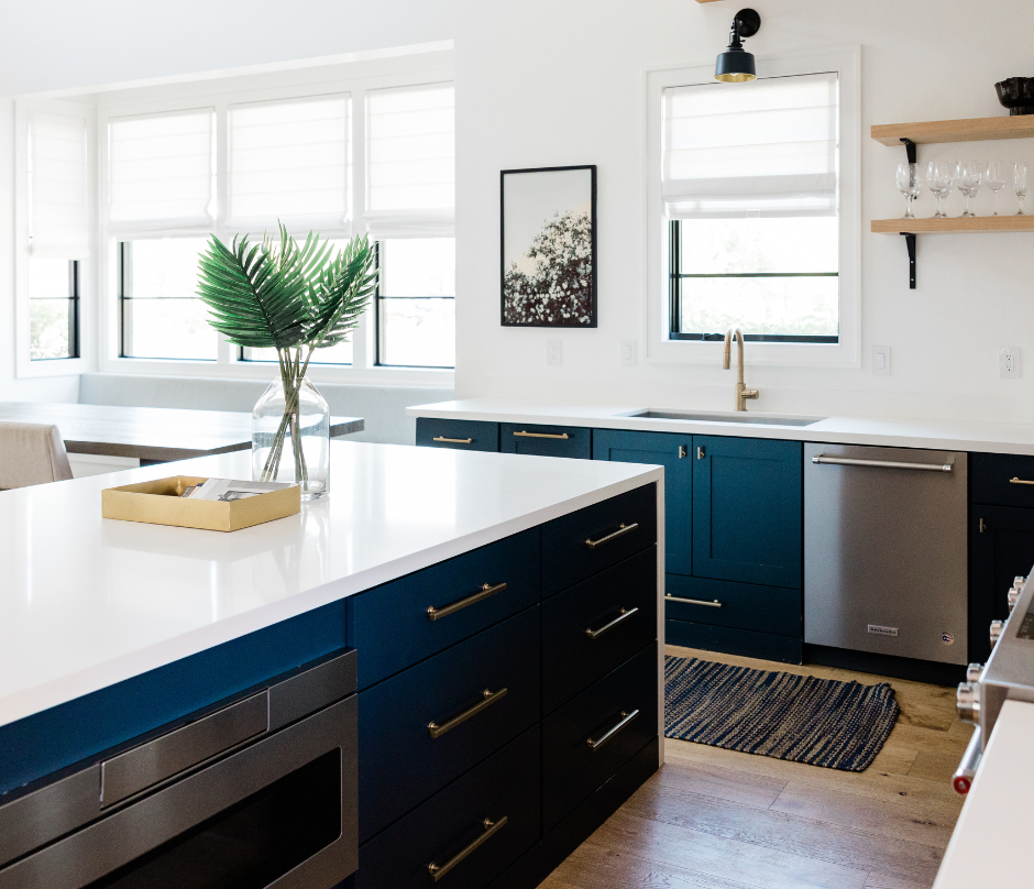 minimalist blue themed kitchen