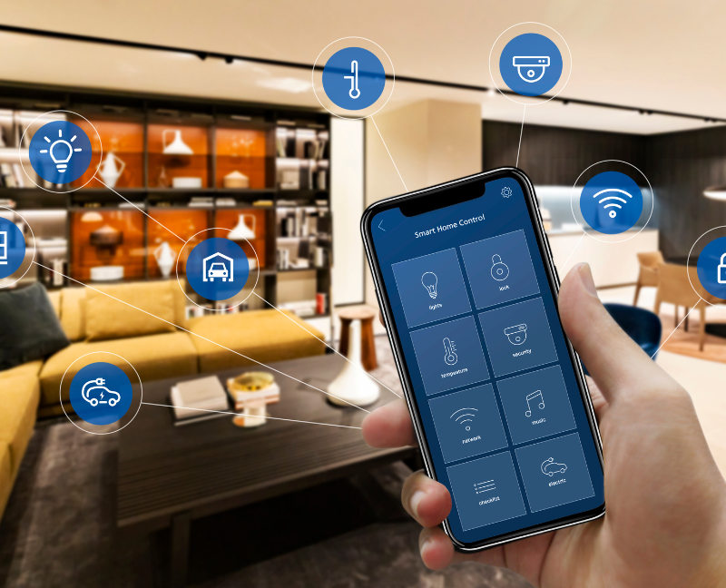 hand holding smartphone in a smart home