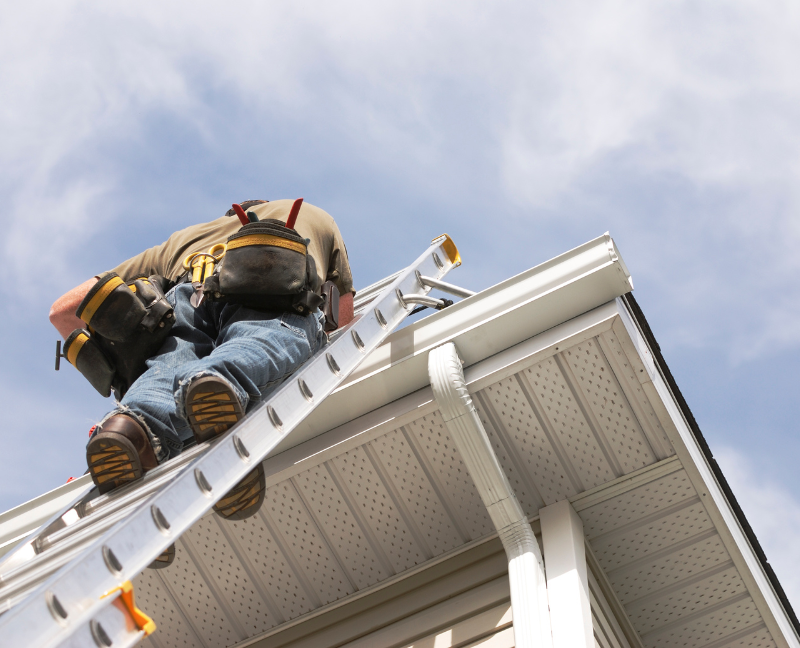 man in ladder checking roof for repair