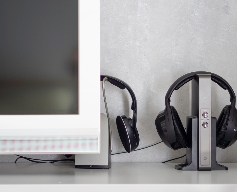 desktop with noise canceling headphones